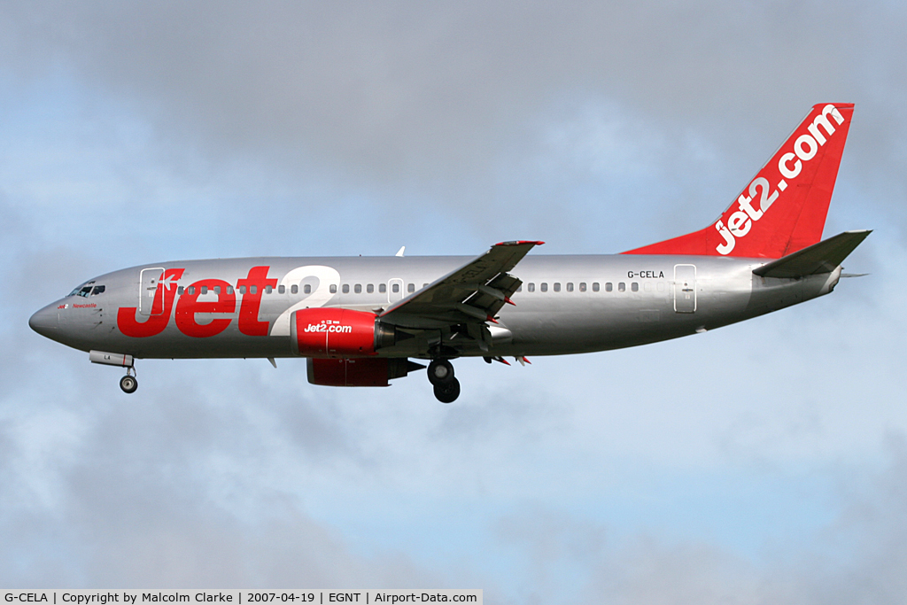 G-CELA, 1986 Boeing 737-377(QC) C/N 23663, Boeing 737-377 on approach to 25 at Newcastle Airport, April 19th 2007.