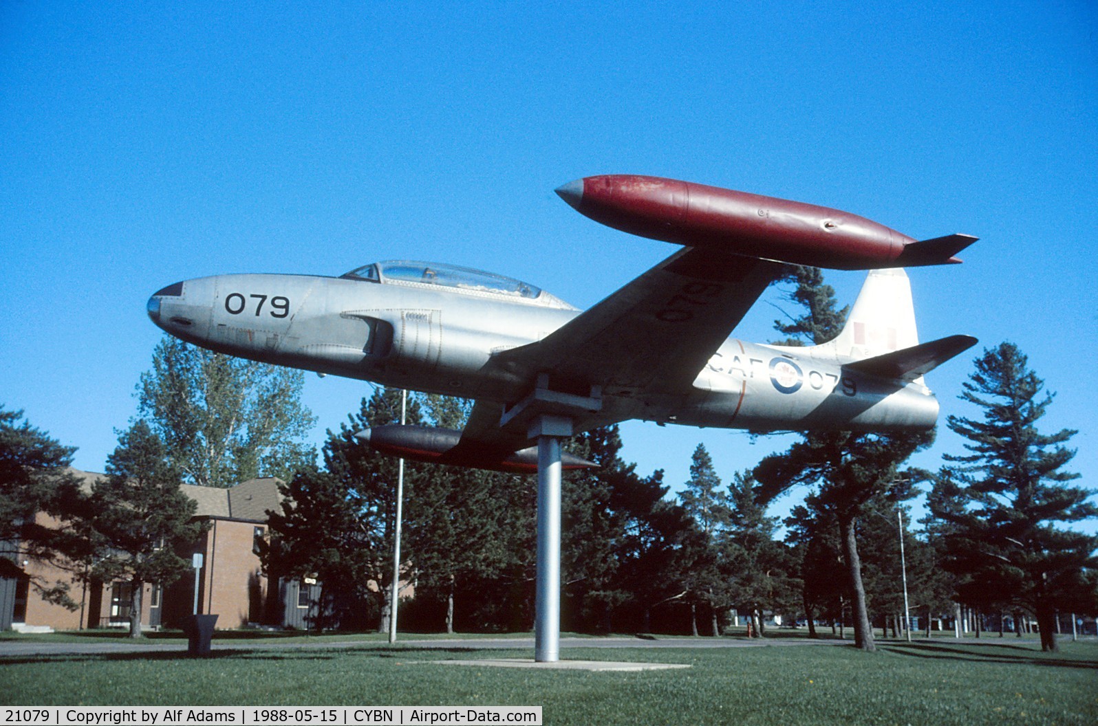 21079, Canadair CT-133 Silver Star 3 C/N T33-079, CT-133 21079 shown displayed on a pedestal at Canadian Forces Base Borden, Ontario in May 1988.