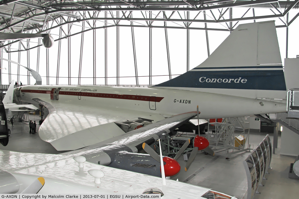 G-AXDN, 1968 Aerospatiale-BAC Concorde Prototype C/N 01/13522, BAC-Aerospatiale Concorde 101 prototype. In the AirSpace hangar, Imperial War Museum Duxford, July 2013.