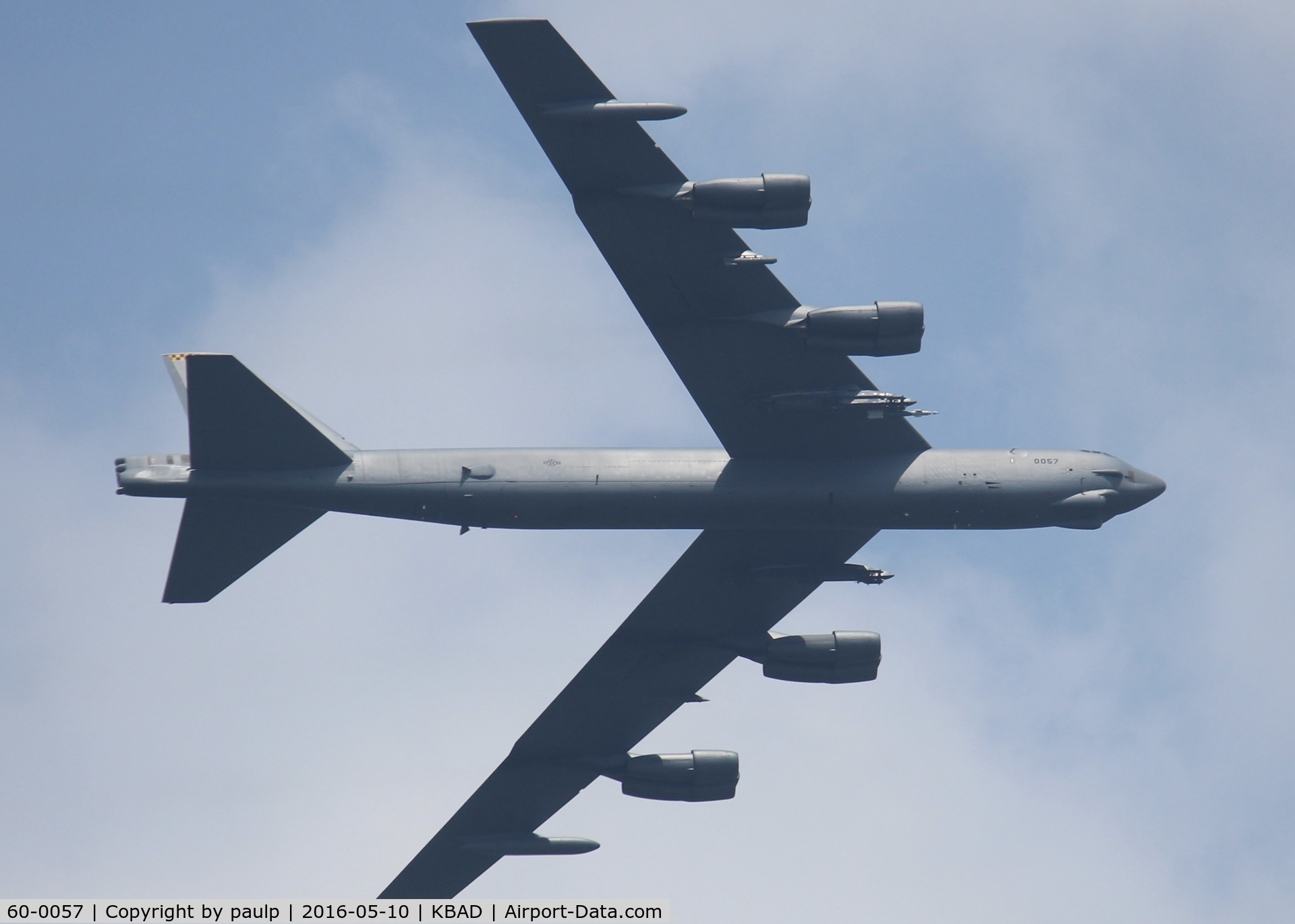 60-0057, 1960 Boeing B-52H Stratofortress C/N 464422, At Barksdale Air Force Base. Looks like at least one GBU-12 or 16 still attached to the weapons pods.