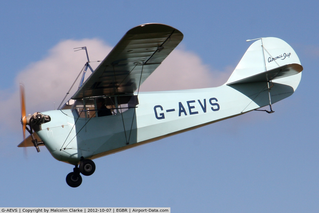 G-AEVS, 1937 Aeronca 100 C/N AB114, Aeronca 100, Hibernation Fly-In, The Real Aeroplane Company, Breighton Airfield, October 7th 2012.