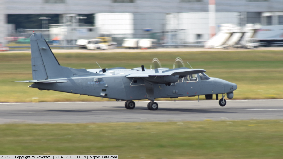 ZG998, 2002 Pilatus Britten-Norman BN-2T-4S Defender 4000 C/N 4014, ZG998 departing DSA.