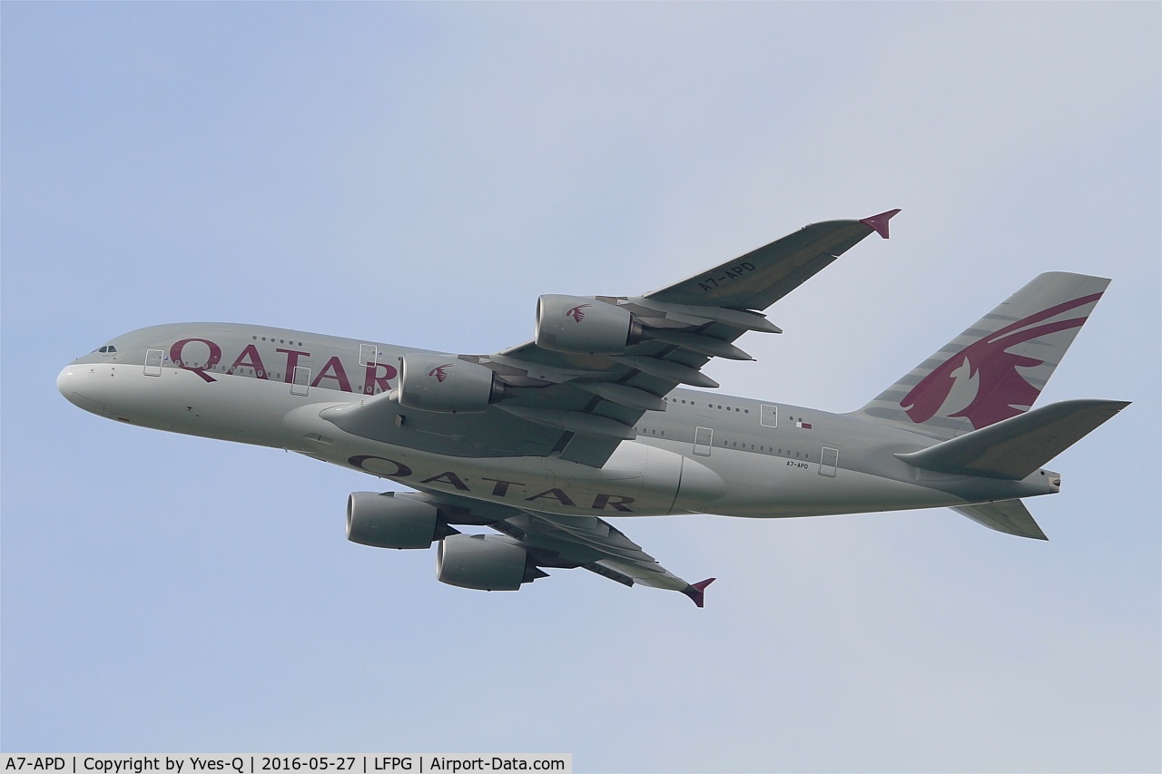A7-APD, 2014 Airbus A380-861 C/N 160, Airbus A380-861, Take off rwy 27L, Roissy Charles De Gaulle airport (LFPG-CDG)