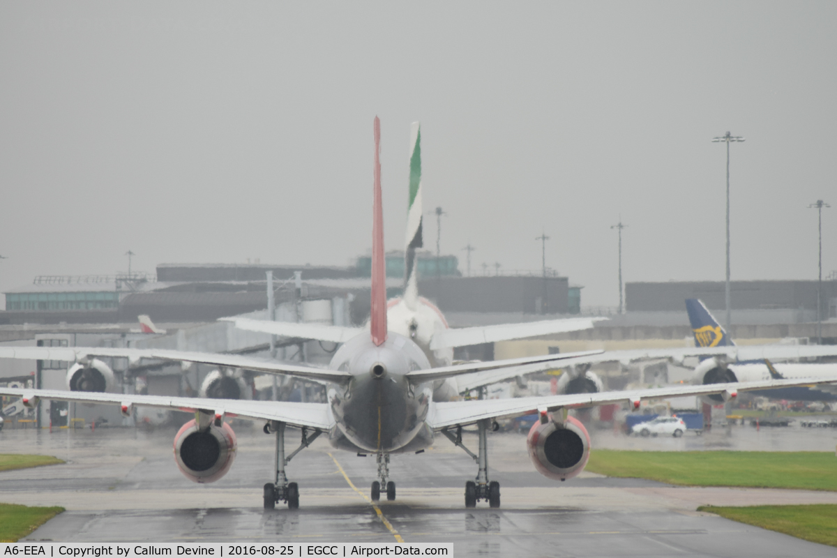 A6-EEA, 2012 Airbus A380-861 C/N 108, A6-EEA at MAN on August 25th with a jet 2 757 behind