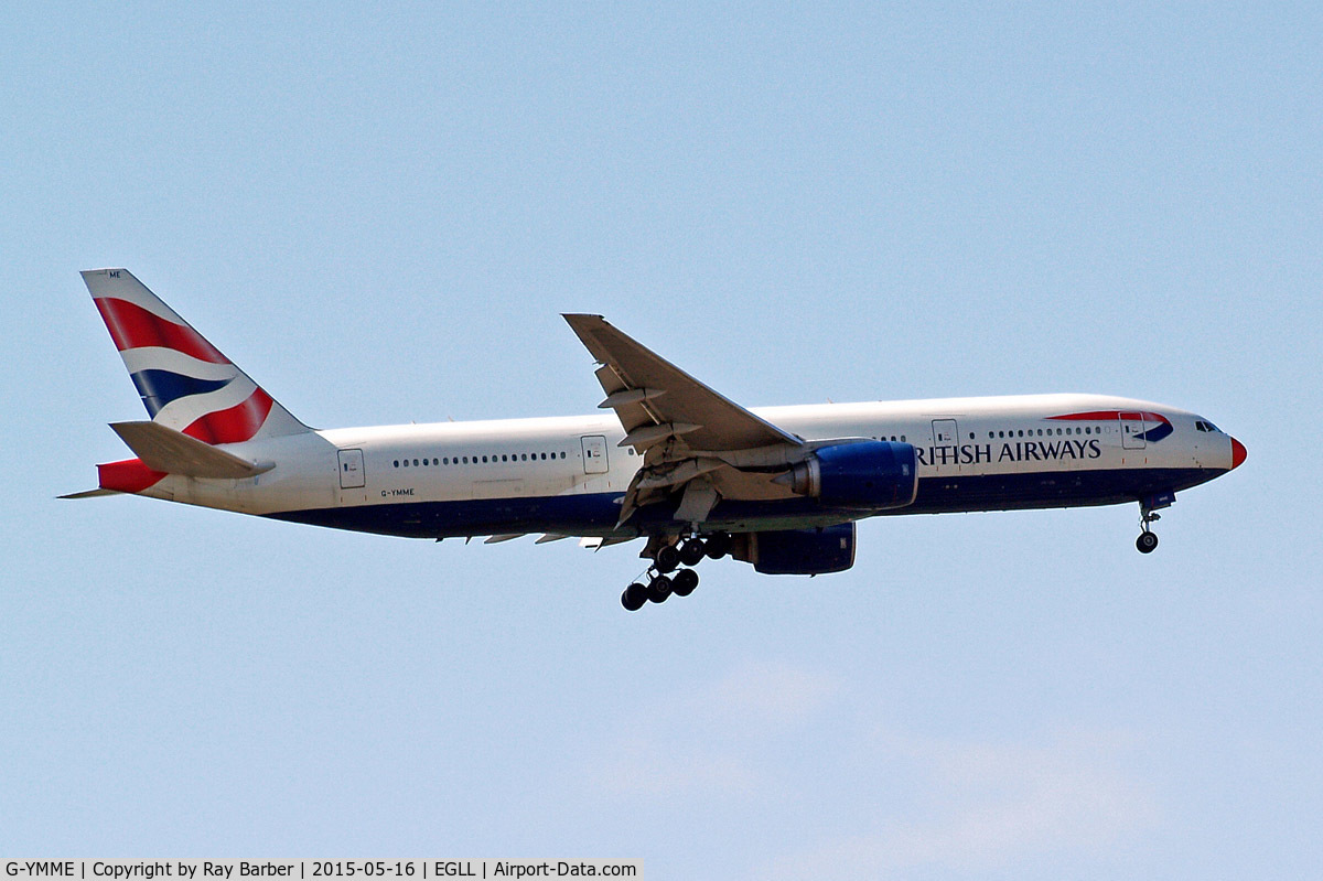 G-YMME, 2000 Boeing 777-236/ER C/N 30306, Boeing 777-236ER [30306] (British Airways) Home~G 09/05/2015. On approach 27L with red nose.