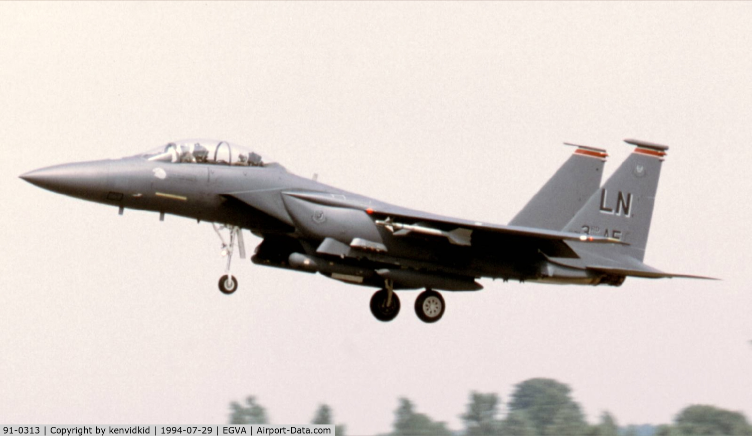 91-0313, 1991 McDonnell Douglas F-15E Strike Eagle C/N 1220/E178, US Air Force arriving at RIAT.