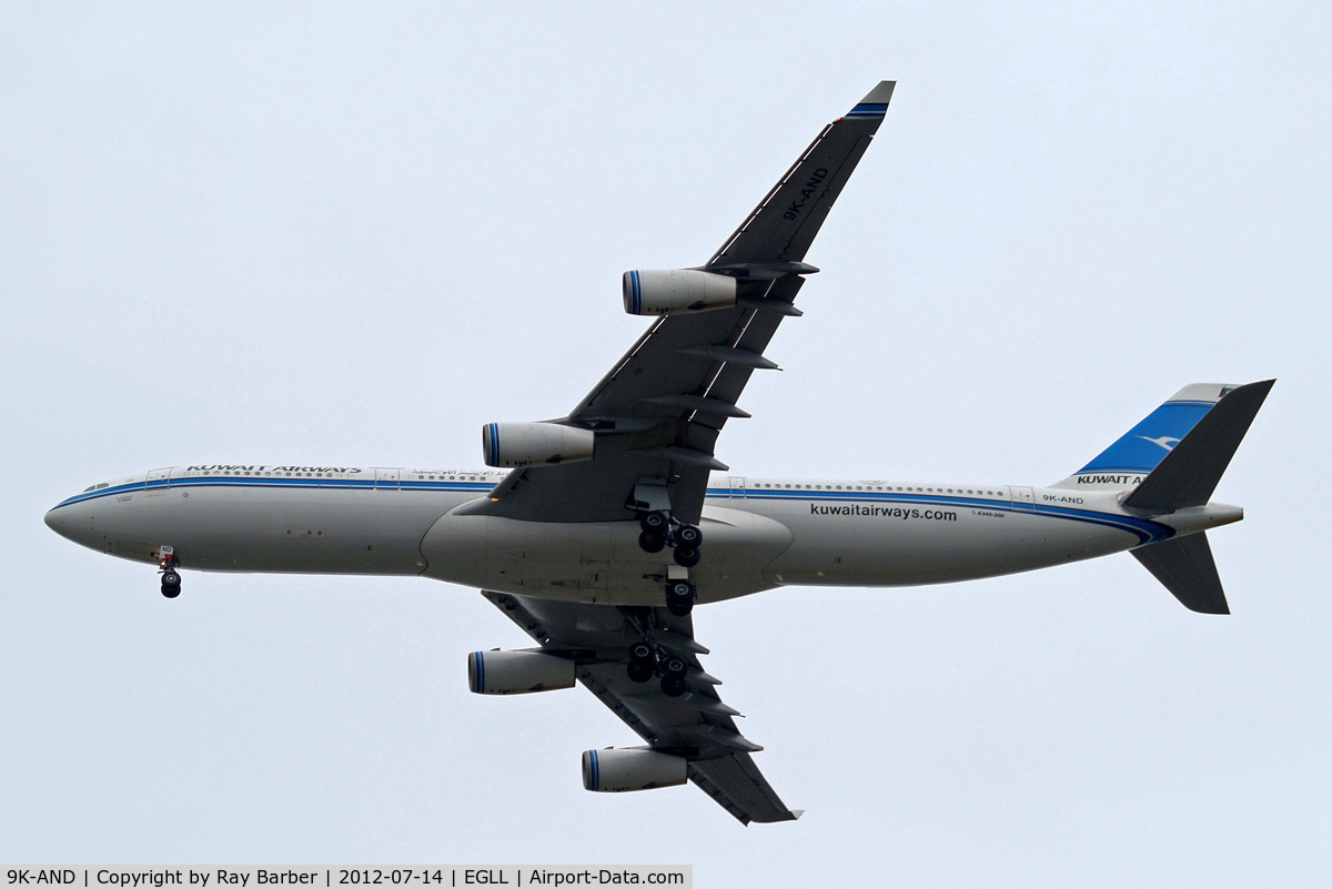 9K-AND, 1995 Airbus A340-313 C/N 104, Airbus A340-313 [104] (Kuwait Airways) Home~G 14/07/2012. On approach 27R.