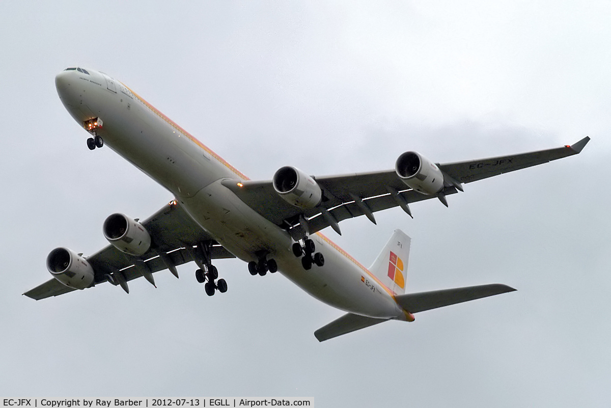 EC-JFX, 2005 Airbus A340-642 C/N 672, Airbus A340-642 [672] (Iberia) Home~G 13/07/2012. On approach 27R.