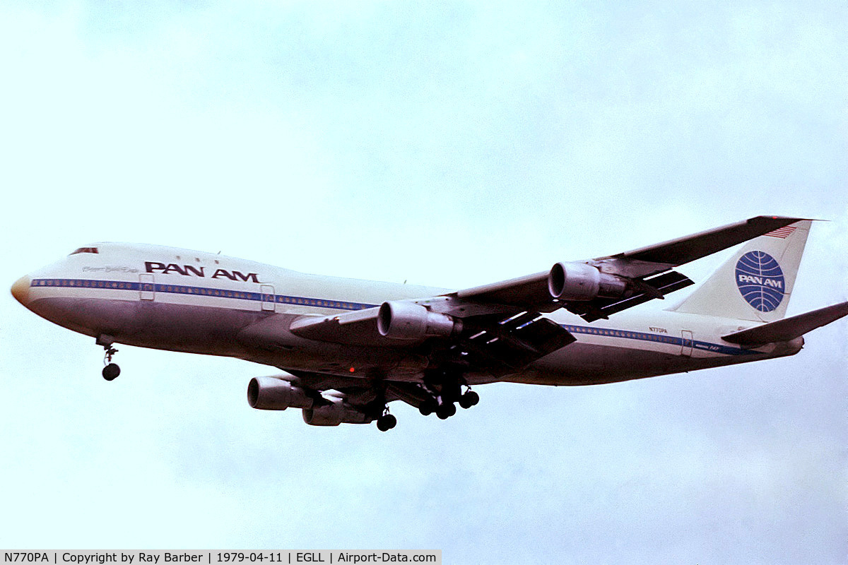 N770PA, 1970 Boeing 747-121 C/N 19660, N770PA   Boeing 747-121 [19660] (Pan American Airways) Heathrow~G @ 11/04/1979. On finals 28L. From a slide.