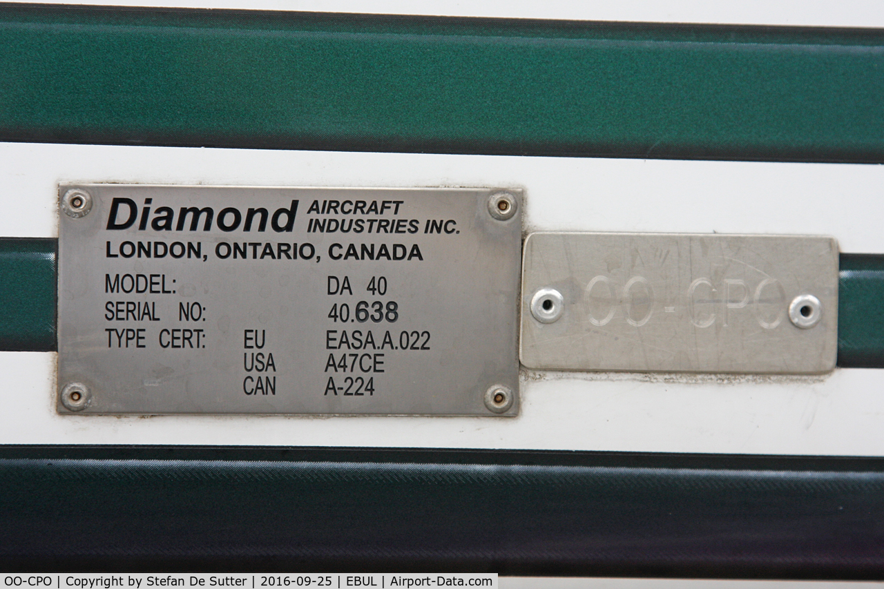 OO-CPO, 2006 Diamond DA-40 Diamond Star C/N 40.638, ID plate.