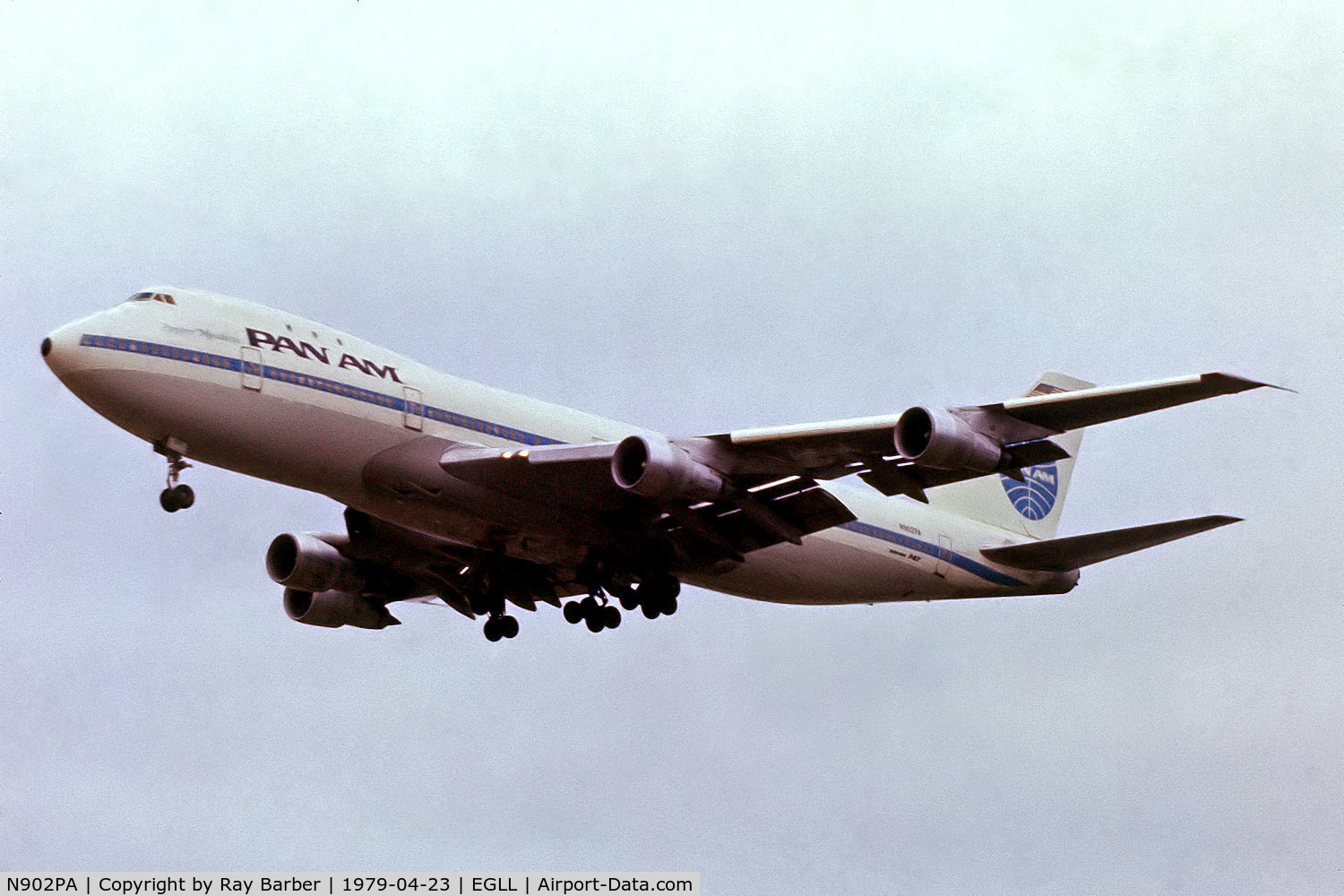 N902PA, 1970 Boeing 747-132 C/N 19896, Boeing 747-132 [19896] (Pan American Airways) Heathrow~G 23/04/1979 On finals 28L. From a slide.