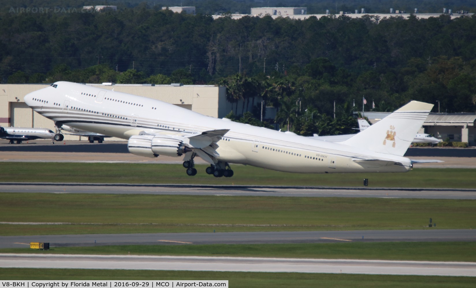 V8-BKH, 2012 Boeing 747-8LQ BBJ C/N 41060, Sultan of Brunei departing Orlando International in his TWO day old jet.  First shot I believe on the web.  Aircraft built in 2012, but spent time in the desert and getting interior outfitted
