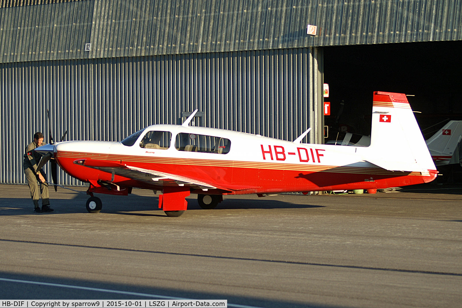 HB-DIF, 1995 Mooney M20M Bravo C/N 27-0206, some aircraft have to be moved to get to the own one in the back oft the hangar