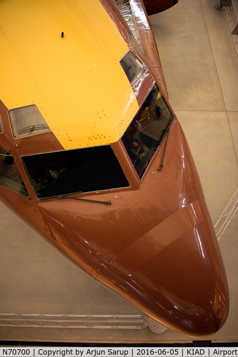 N70700, 1954 Boeing 367-80 C/N 17158, Beautiful brown and yellow colors adorn the nose of the prototype B-707 at the Steven F. Udvar-Hazy Center, National Air and Space Museum. This aircraft truly heralded the jet age, overtaking the de Havilland Comet, the world's first jetliner.