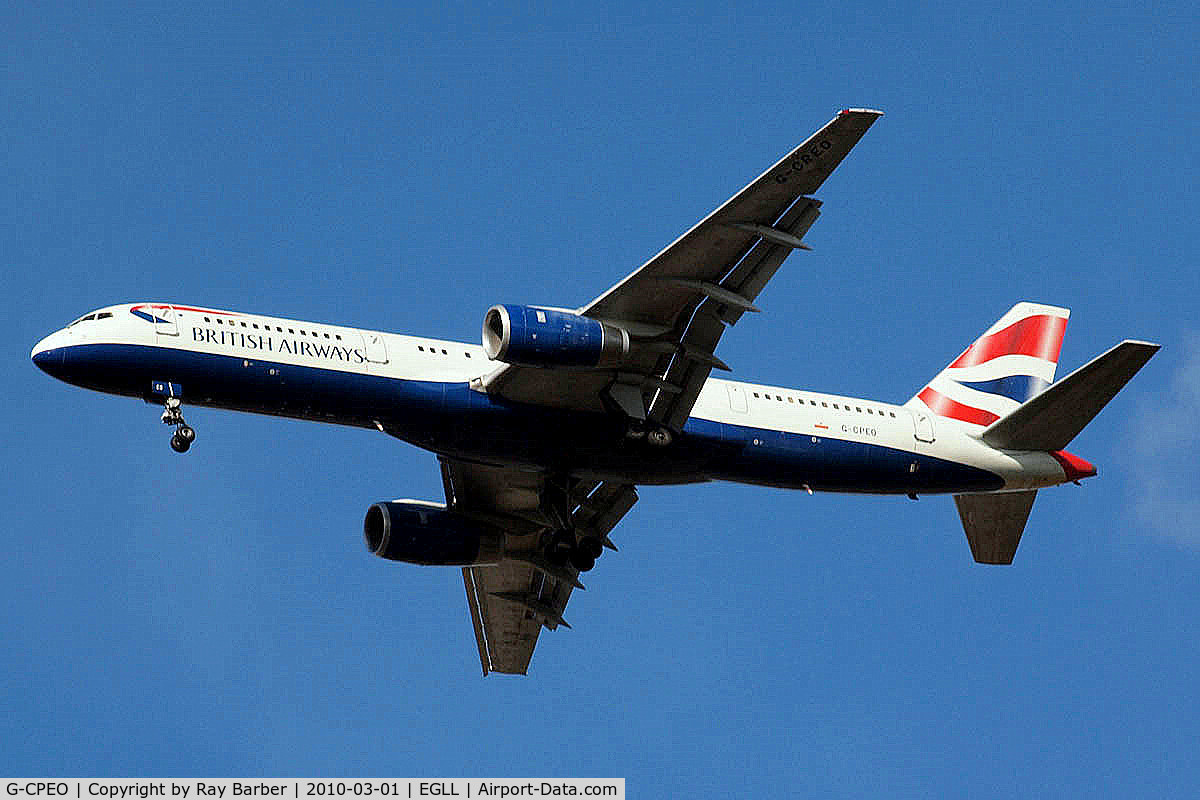 G-CPEO, 1997 Boeing 757-236 C/N 28667, Boeing 757-236 [28667] (British Airways) Home~G 08/09/2009. On approach 27R. Note nose cone repainted.