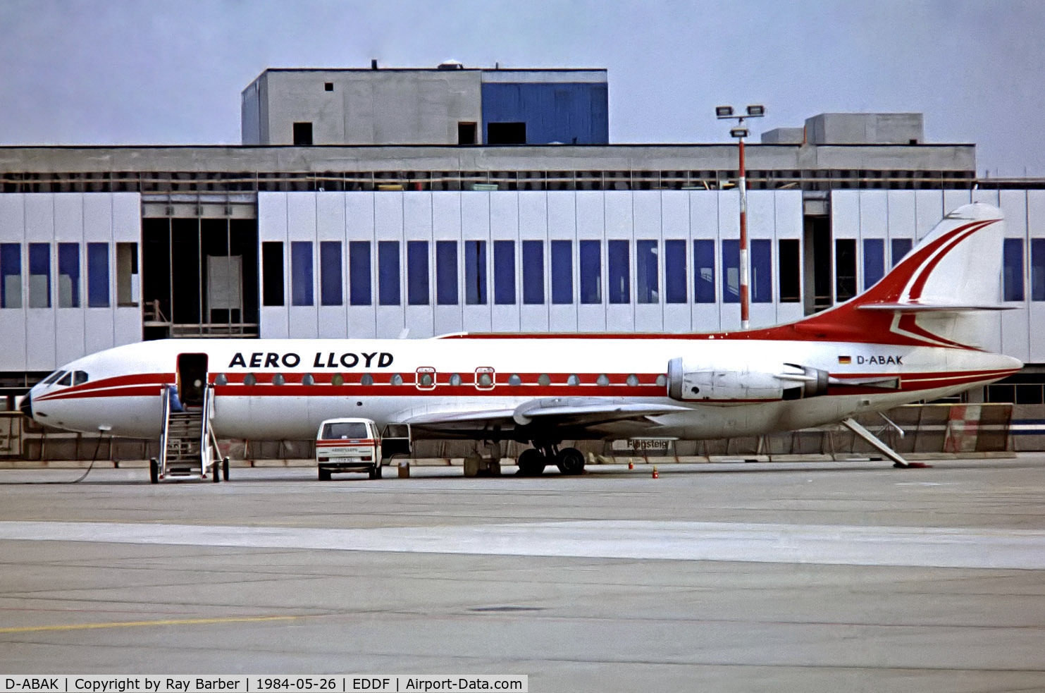 D-ABAK, 1967 Sud Aviation SE-210 Caravelle 10R C/N 232, Sud Aviation SE.210 Caravelle 10B1R [232] (Aero Lloyd) Frankfurt~D 26/05/1984. From a slide.
