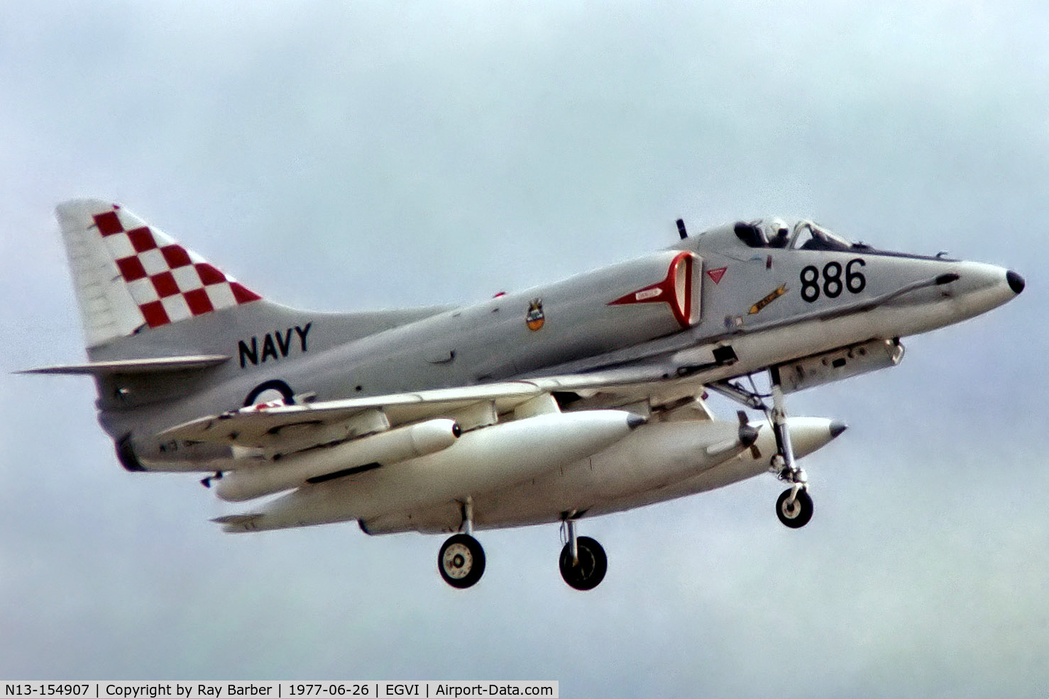 N13-154907, Douglas A-4G Skyhawk C/N 13780, Douglas A-4G Skyhawk [13780] (Royal Australian Navy) RAF Greenham Common~G 26/06/1977. From a slide. Shown with arrester hook retracted.
