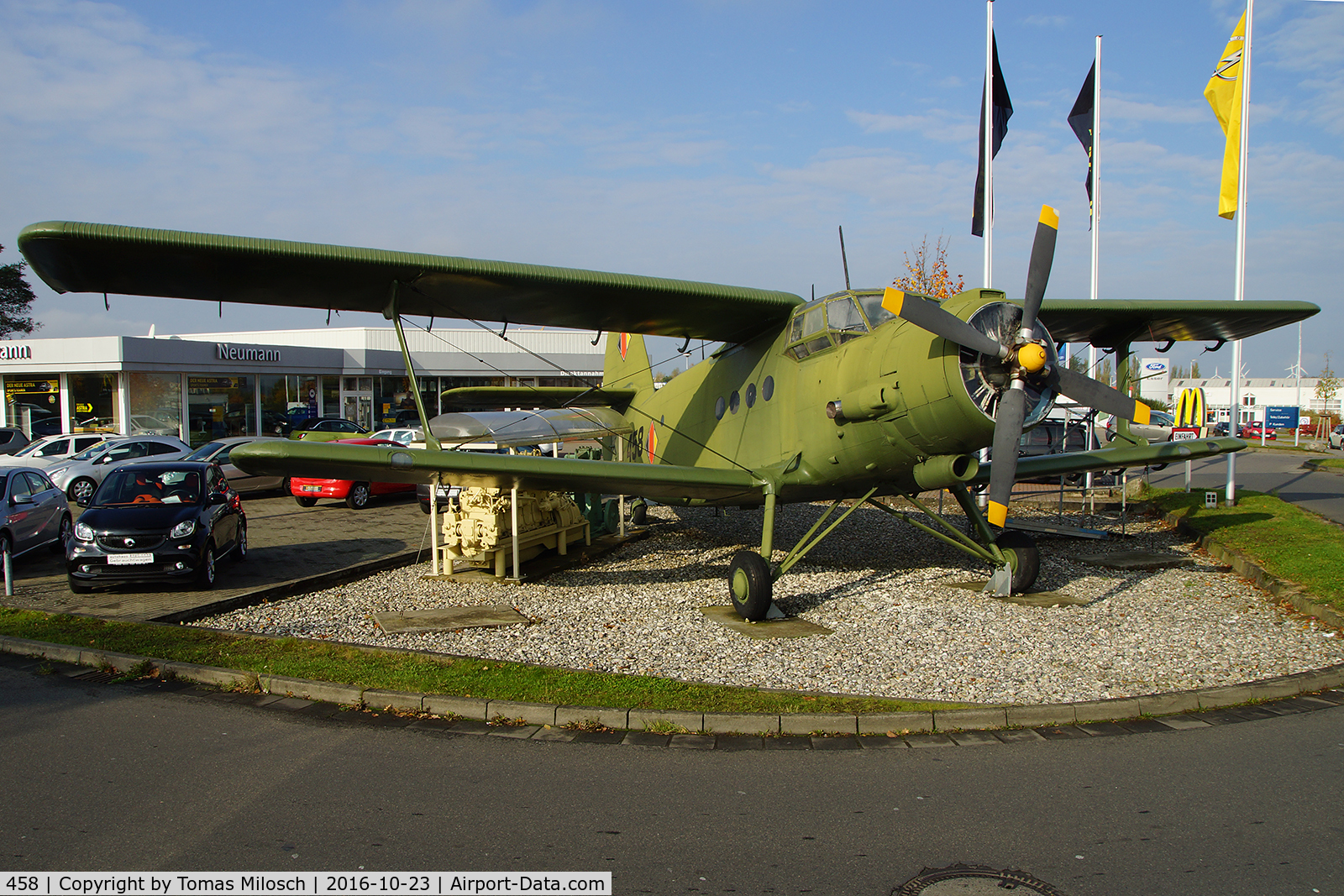 458, 1957 Antonov An-2T C/N 17807, Ex 458 (East German Air Force), ex DDR-SKI (Interflug). Displayed of a car dealer in Wolgast (North Eastern Germany) as an eye catcher.