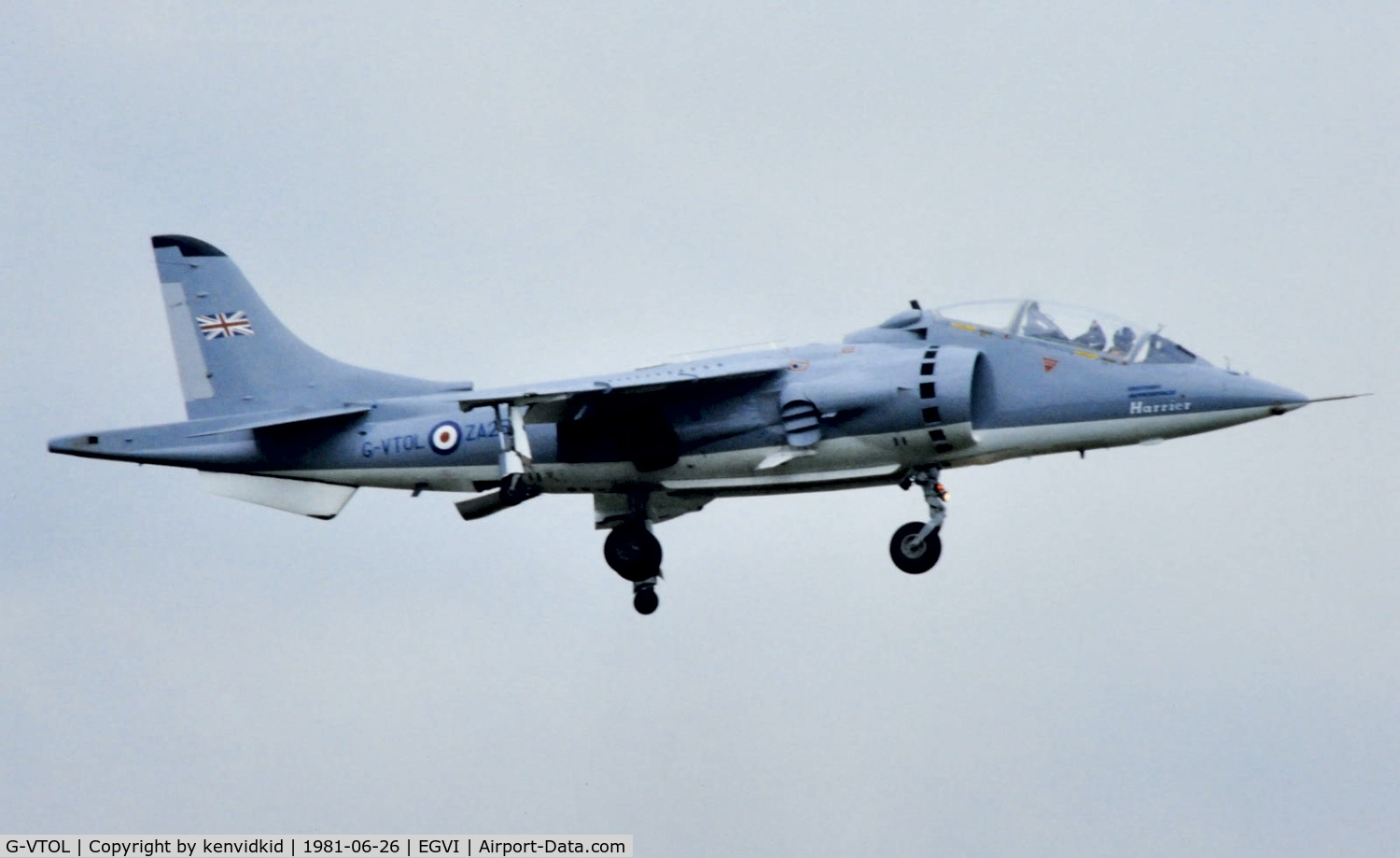 G-VTOL, 1970 Hawker Siddeley Harrier T.52 C/N B3-41H-735795, At the 1981 International Air Tattoo, scanned from slide.
