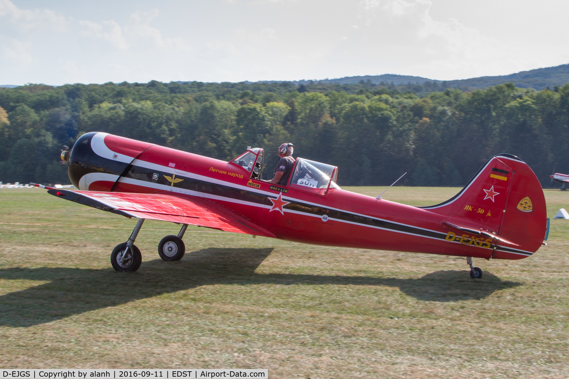 D-EJGS, 1979 Yakovlev Yak-50 C/N 791505, Taxying for departure at the 2016 Hahnweide Oldtimer Fliegertreffen. Note the pilot trying to see past that engine!