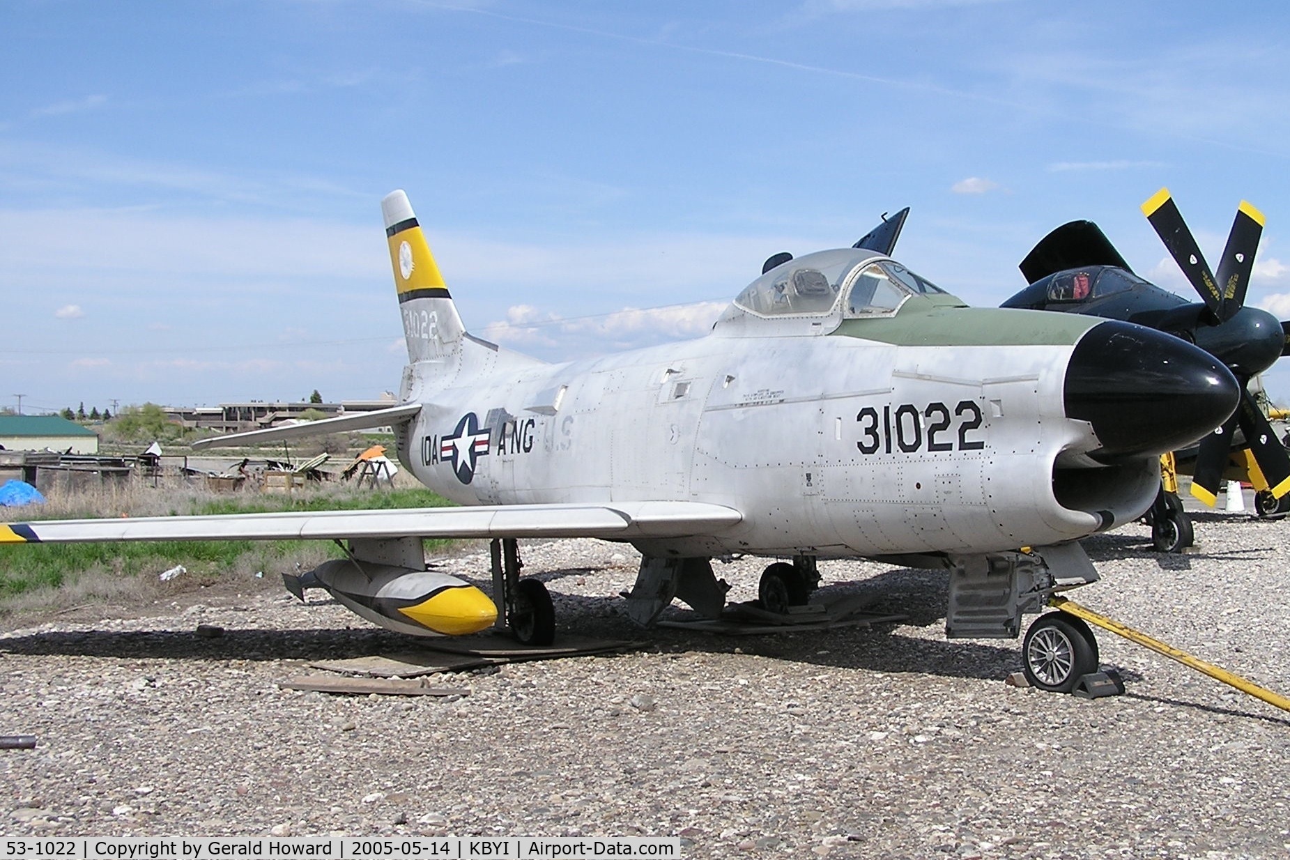 53-1022, 1953 North American F-86L Sabre C/N 301-466, Collecting dust at BYI airport. Flew with the 190th Fighter Interceptor Squadron, Idaho Air Guard during the 1950s.