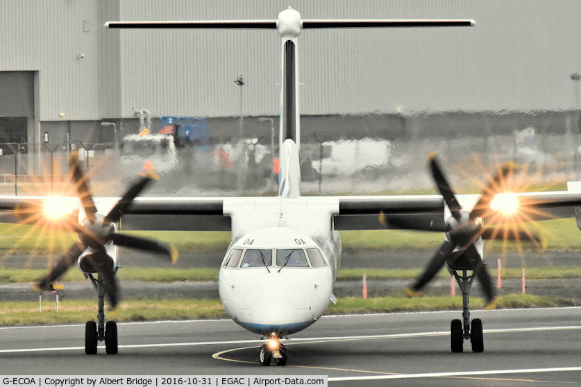 G-ECOA, 2007 De Havilland Canada DHC-8-402Q Dash 8 C/N 4180, G-ECOA arriving from Leeds/Bradford on a very dull and misty autumn day.