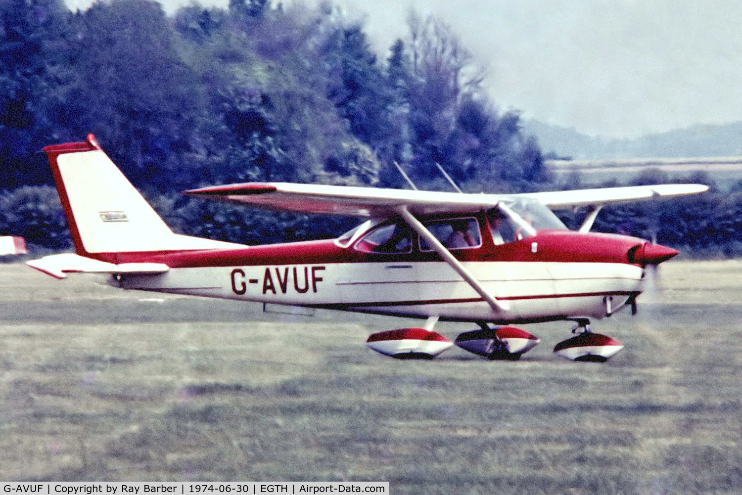 G-AVUF, 1967 Reims F172H Skyhawk C/N 0477, R/Cessna F.172H Skyhawk [0477] Old Warden~G 30/06/1974. From a slide.