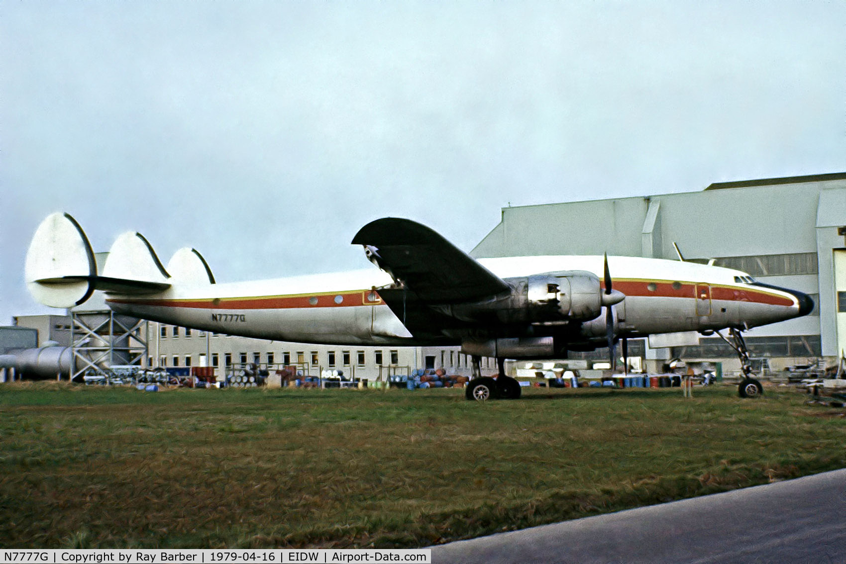 N7777G, 1947 Lockheed L-749A Constellation C/N 2553, Lockheed L-749A Constellation [2553] (Lanzair) Dublin Int'l~EI 16/04/1979. From a slide.