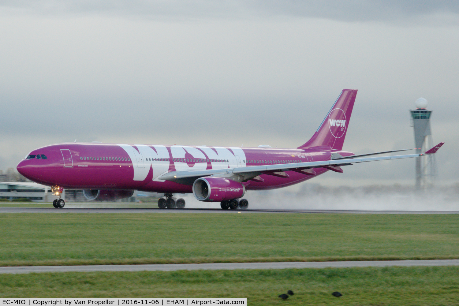 EC-MIO, 2015 Airbus A330-343 C/N 1624, WOW Air Airbus A330-343 taking off from a wet runway at Schiphol airport, the Netherlands