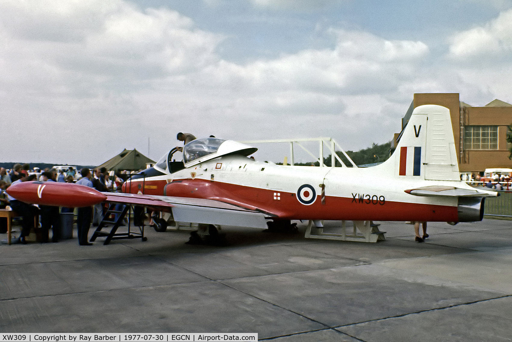 XW309, 1970 BAC 84 Jet Provost T.5 C/N EEP/JP/973, BAC Jet Provost T.5 [EEP/JP/973] (Royal Air Force) RAF Finningley~G 30/07/1977. From a slide.