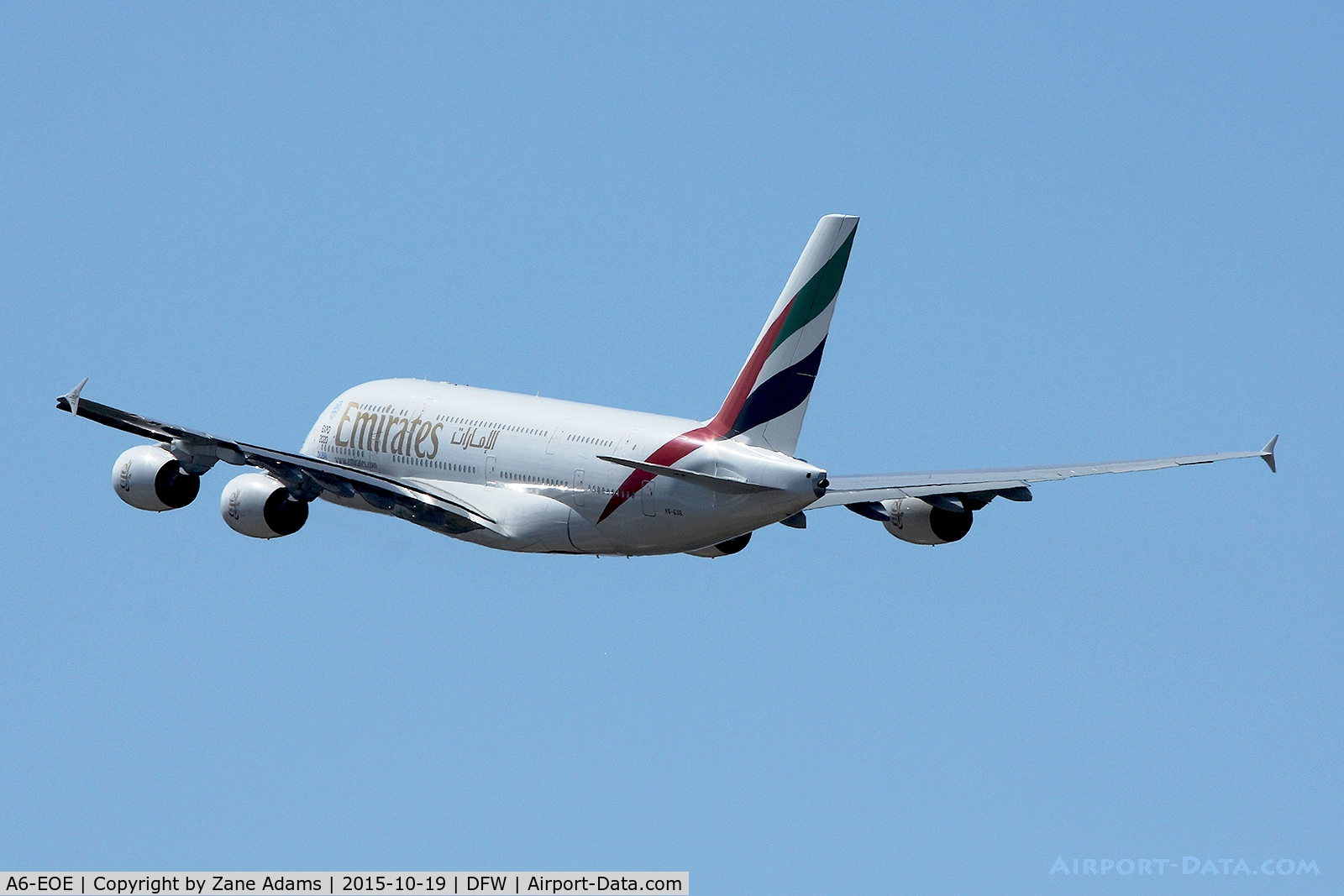 A6-EOE, 2014 Airbus A380-861 C/N 169, Departing DFW Airport