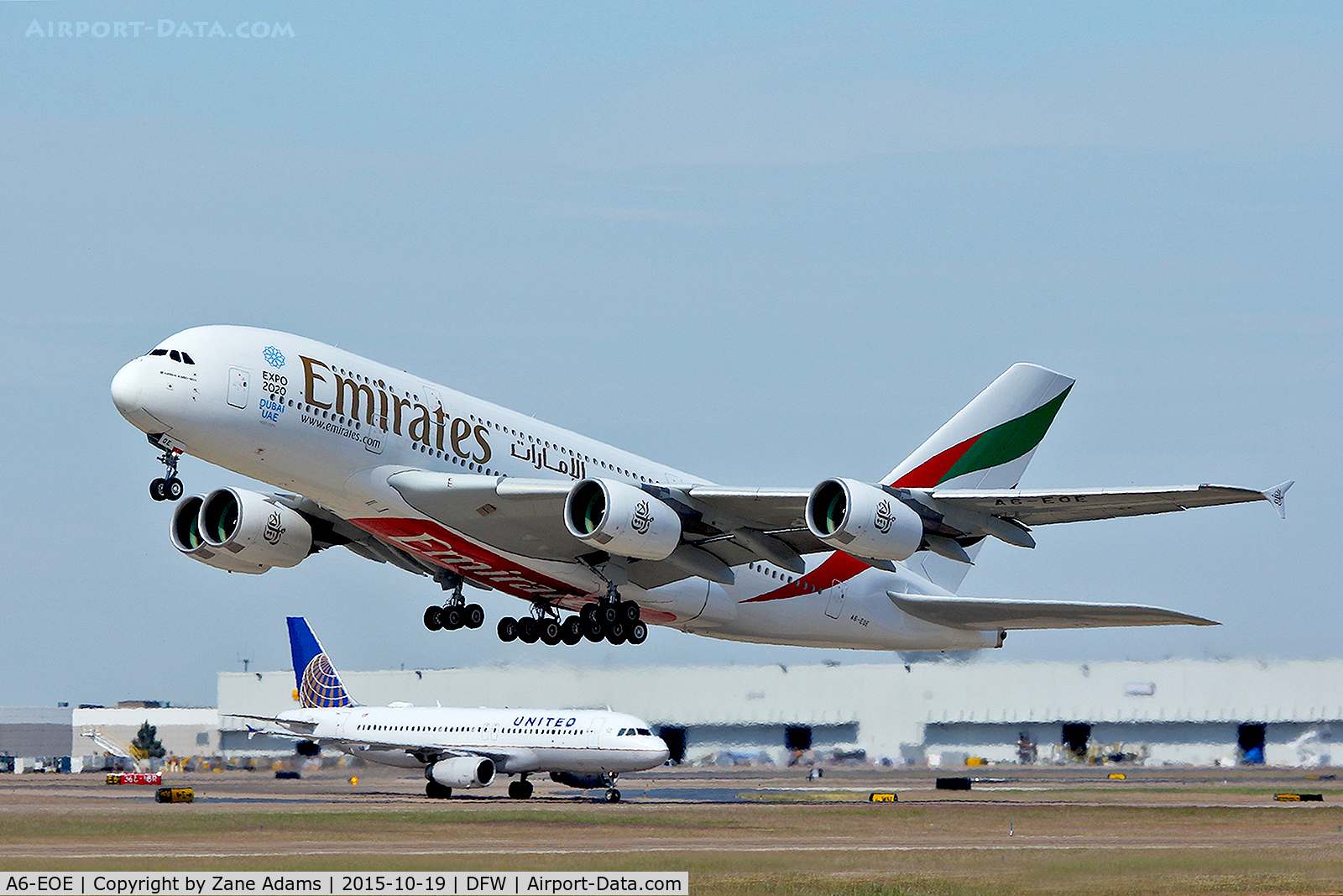 A6-EOE, 2014 Airbus A380-861 C/N 169, Departing DFW Airport