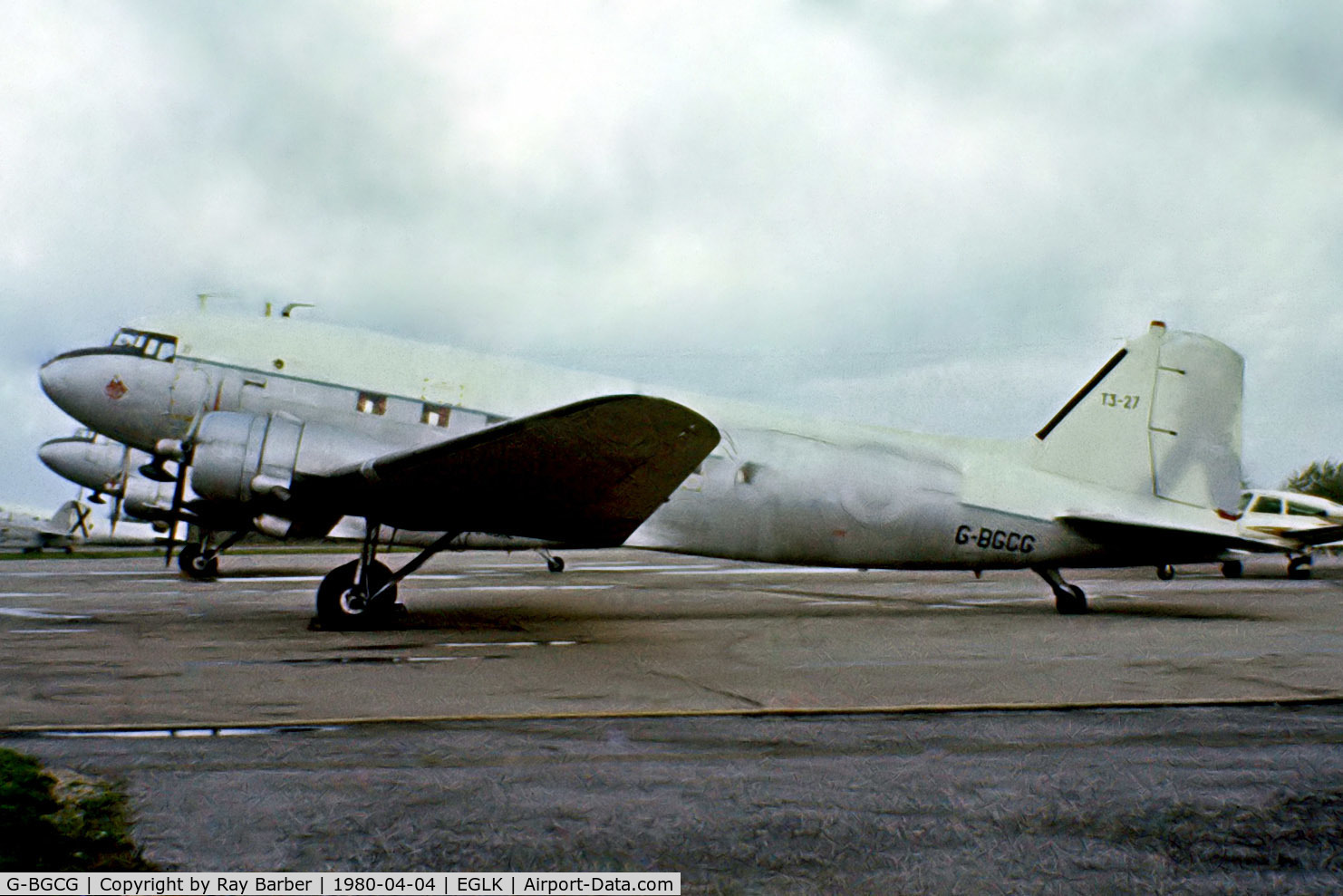 G-BGCG, 1944 Douglas C-47A Skytrain C/N 20002, Douglas DC-3C-47A-85-DL [20002] (Fairoaks Aviation Services) Blackbushe~G 04/04/1980. From a slide . Stills wears former Spanish Air Force registration and you can make out the formers markings through the paintwork.
