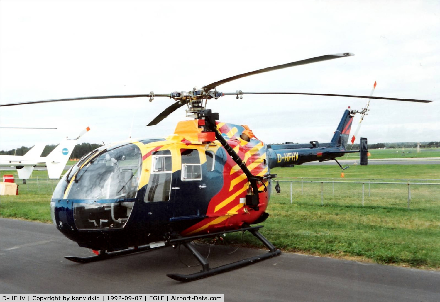 D-HFHV, MBB Bo-105CBS-5 C/N S-864, On static display at the 1992 Farnborough International Air Show, scanned from slide.