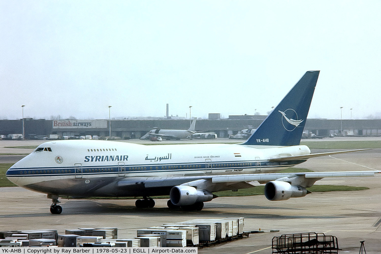 YK-AHB, 1976 Boeing 747SP-94 C/N 21175, Boeing 747SP-94 [21175] (Syrianair) Heathrow~G 23/05/1978. From a slide.