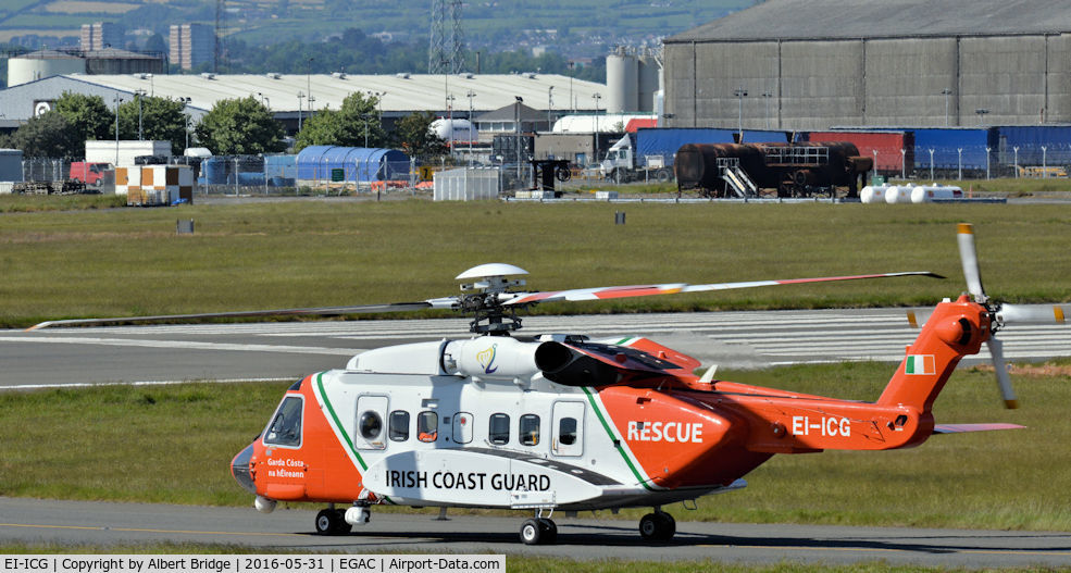 EI-ICG, 2011 Sikorsky S-92A C/N 920150, Irish Coastguard helicopter EI-ICG departing Belfast City.
