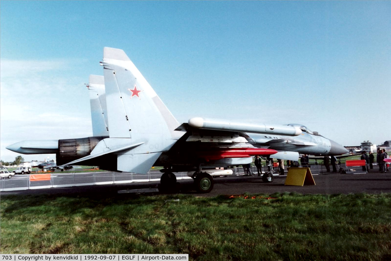 703, 1991 Sukhoi Su-35 C/N Not found 703, On static display at the 1992 Farnborough International Air Show, scanned from slide.