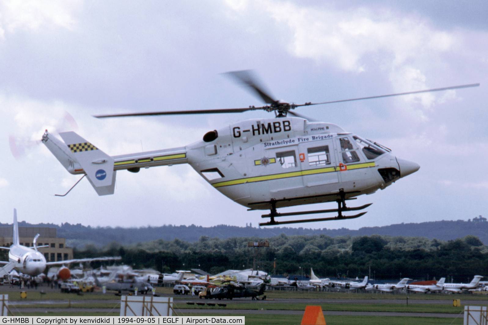 G-HMBB, 1988 Eurocopter-Kawasaki BK-117B-2C C/N 7184, At the 1994 Farnborough International Air Show. Scanned from slide.