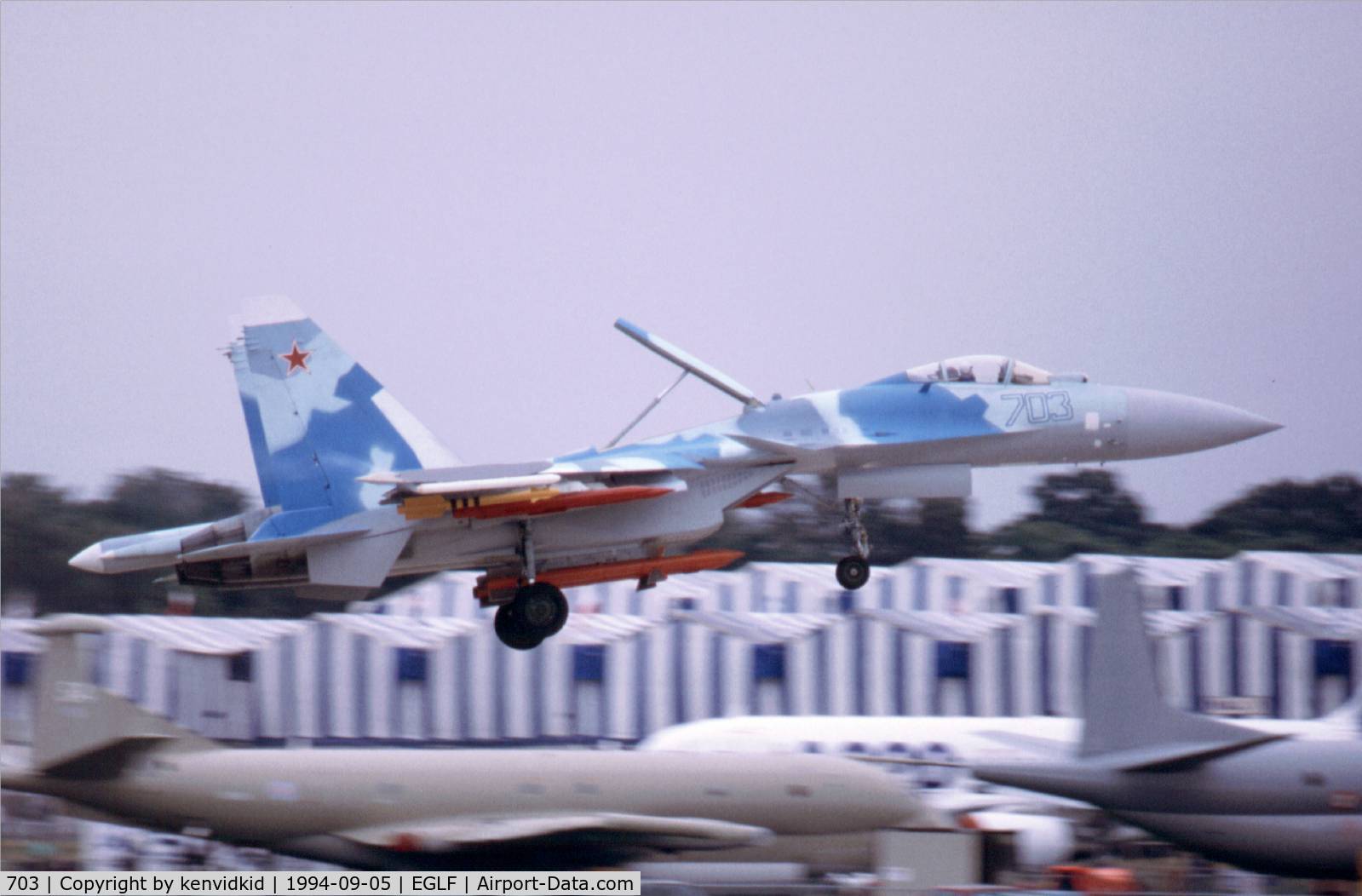 703, 1991 Sukhoi Su-35 C/N Not found 703, At the 1994 Farnborough International Air Show. Scanned from slide.