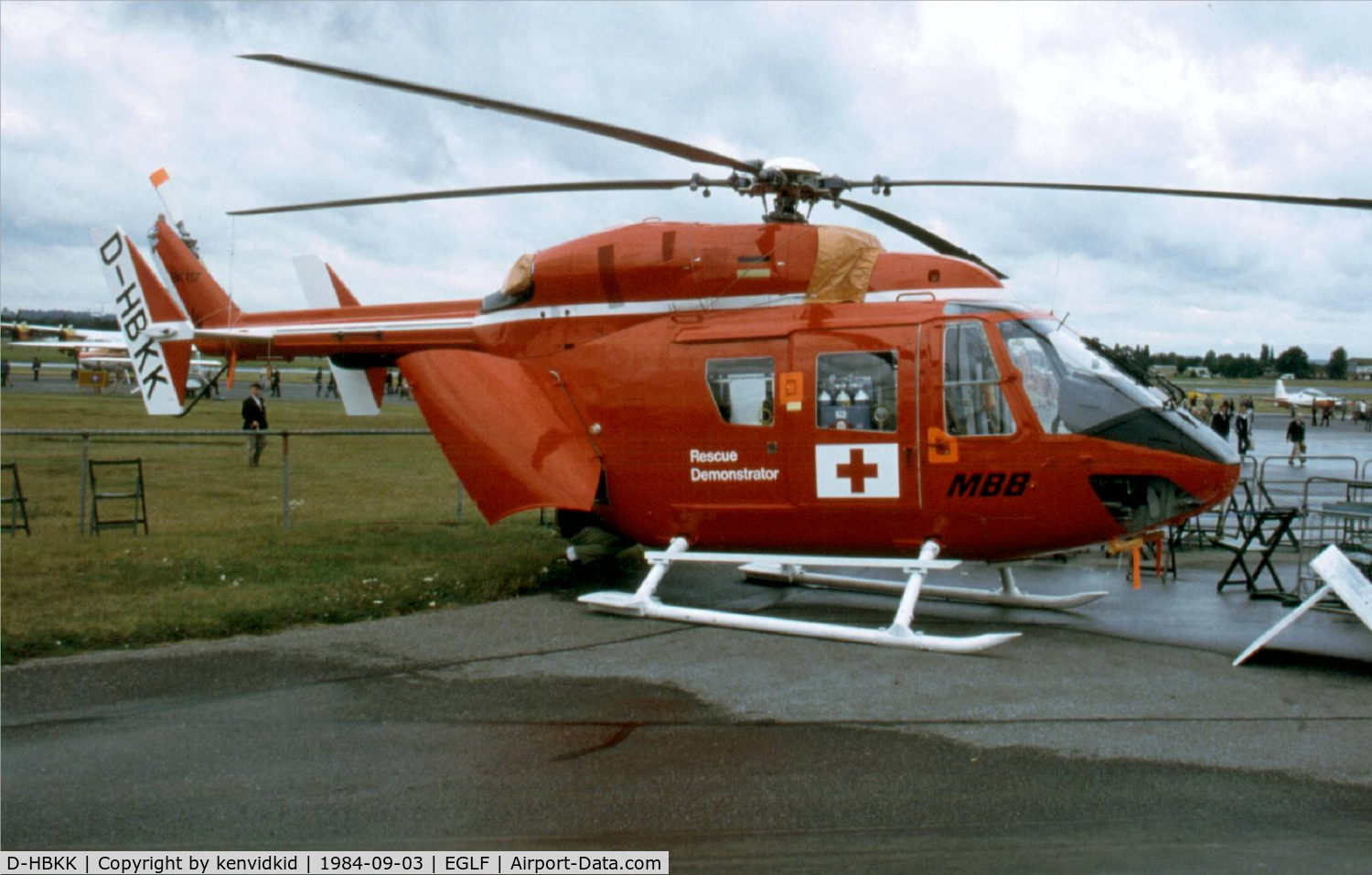 D-HBKK, Eurocopter-Kawasaki BK-117B-2 C/N 7009, At the 1984 Farnborough International Air Show. Scanned from slide.