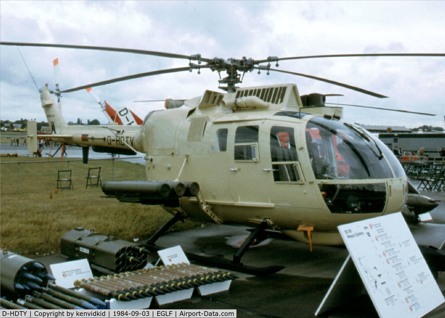 D-HDTY, 1983 MBB Bo-105LS-A1 C/N S-655, At the 1984 Farnborough International Air Show. Scanned from slide.