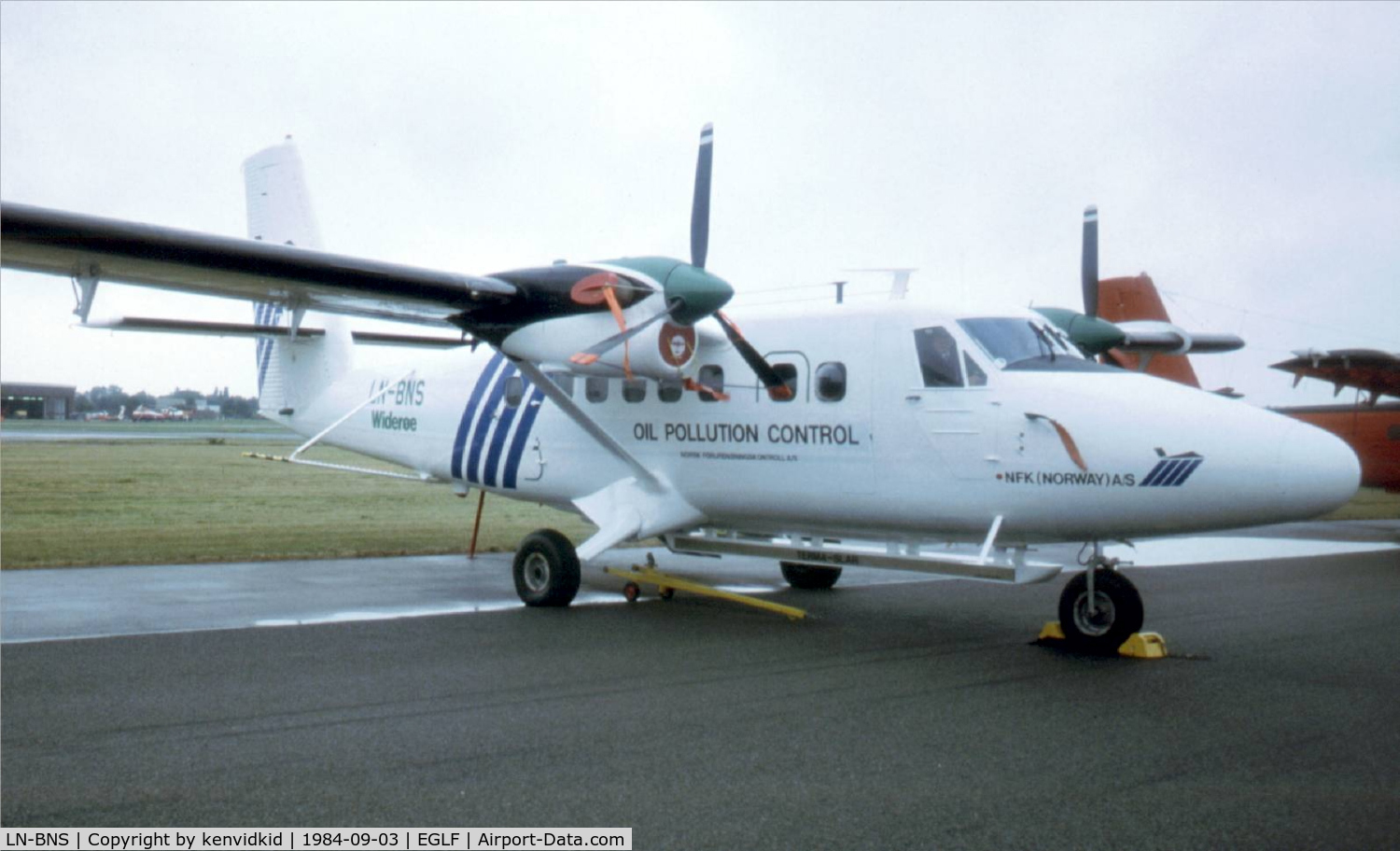 LN-BNS, 1977 De Havilland Canada DHC-6-300 Twin Otter C/N 536, At the 1984 Farnborough International Air Show. Scanned from slide.