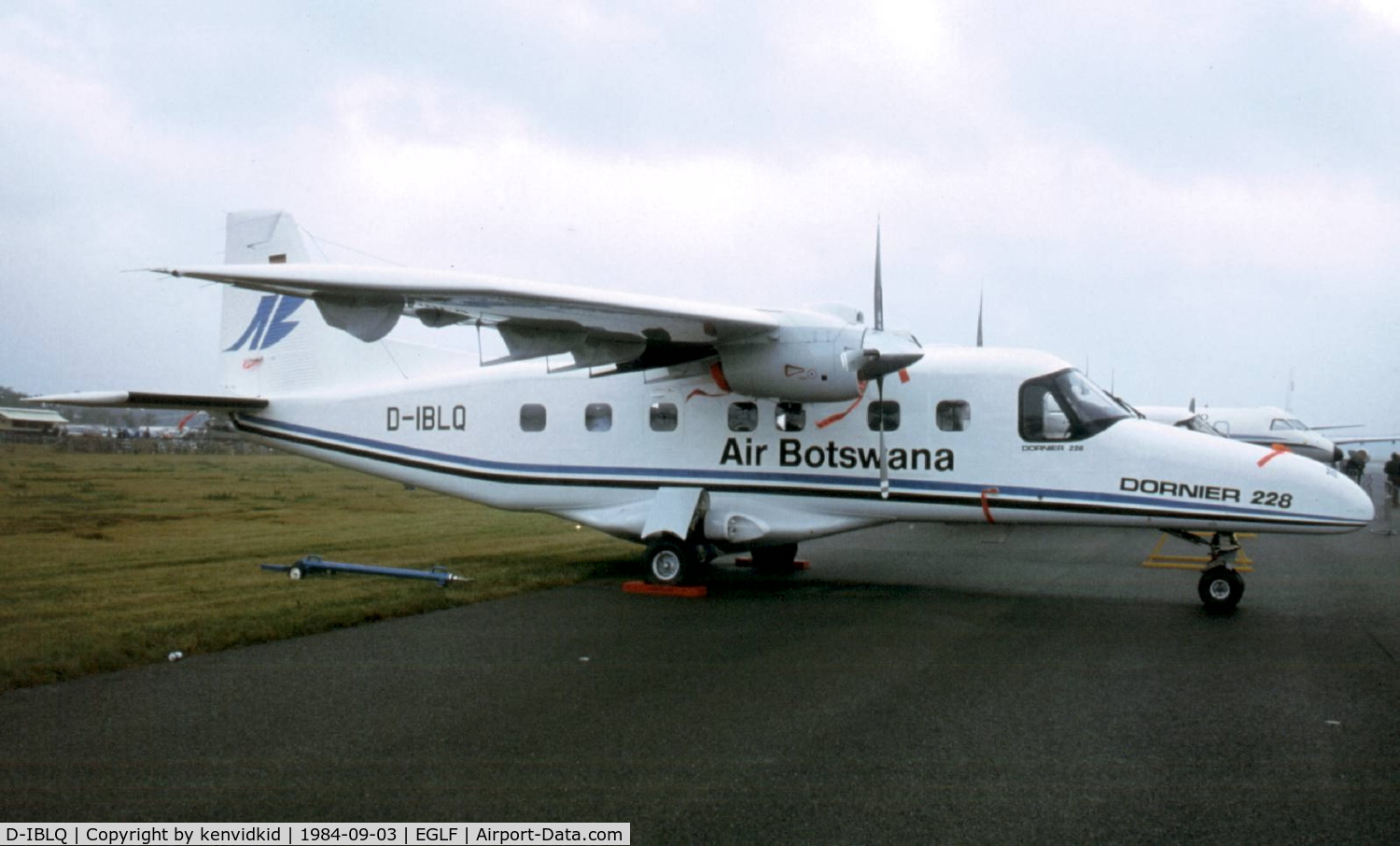 D-IBLQ, 1984 Dornier 228-100 C/N 7036, At the 1984 Farnborough International Air Show. Scanned from slide.