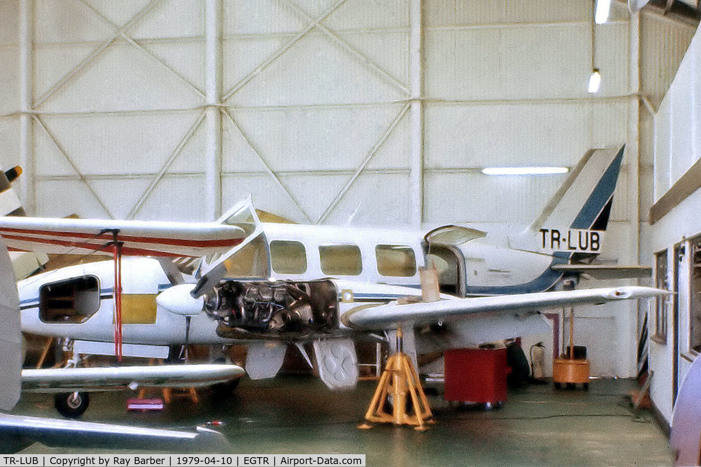 TR-LUB, 1975 Piper PA-31-350 Chieftain C/N 31-7552035, TR-LUB   Piper PA-31-350 Navajo Chieftain [31-7552035] Elstree 10/04/1979. From a slide. Being overhauled prior to becoming G-BGFY.
