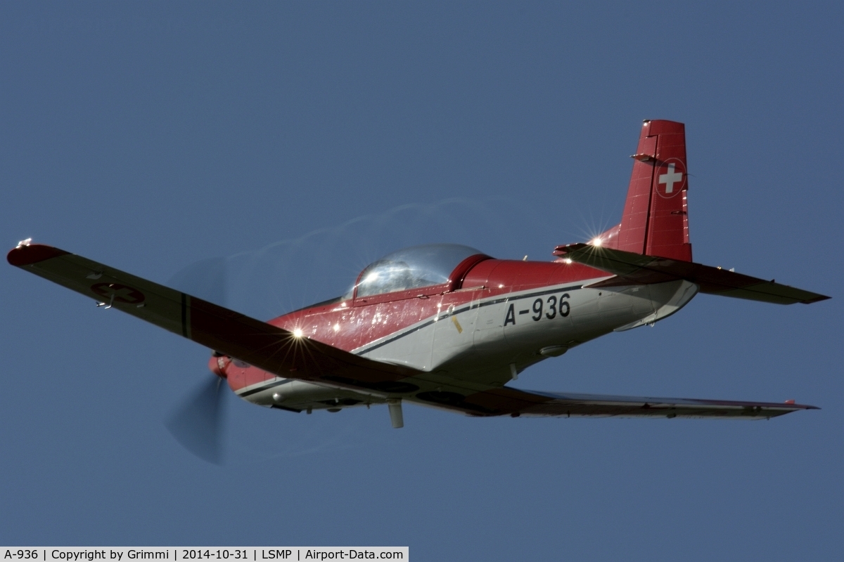 A-936, 1983 Pilatus PC-7 Turbo Trainer C/N 344, Modernised to NCPC-7 Standard together with the change of coloration from orange, meaning NewCockpit.