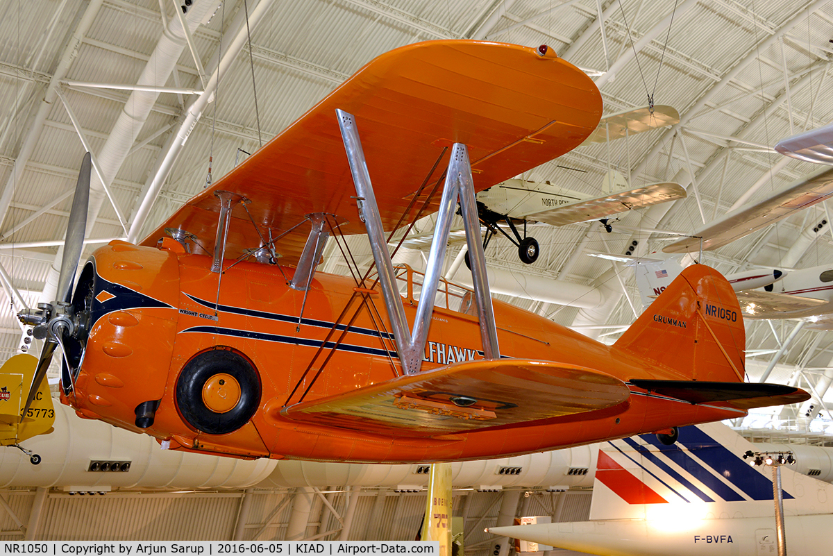 NR1050, 1938 Grumman G-22 Gulfhawk II C/N 355, On display in the Boeing Aviation Hangar room at the Steven F. Udvar-Hazy Center. This Gulfhawk flown by Maj. Alfred Williams was fully aerobatic and capable of inverted flight for up to half an hour. Maj. Williams flew this aircraft at many airshows.