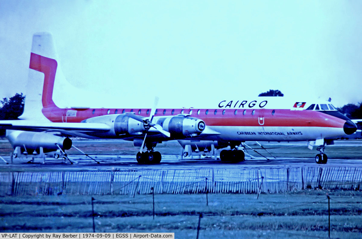 VP-LAT, 1961 Canadair CL-44D4-2 C/N 28, Canadair CL-44D4-6 [28] (Cairgo) Stanstead~G 09/09/1974. From a slide.