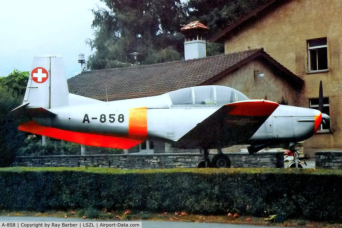 A-858, Pilatus P3-05 C/N 496-45, Pilatus P.3-05 [496-45] (Swiss Air Force) Locarno~HB 11/09/1991. Gate guard.