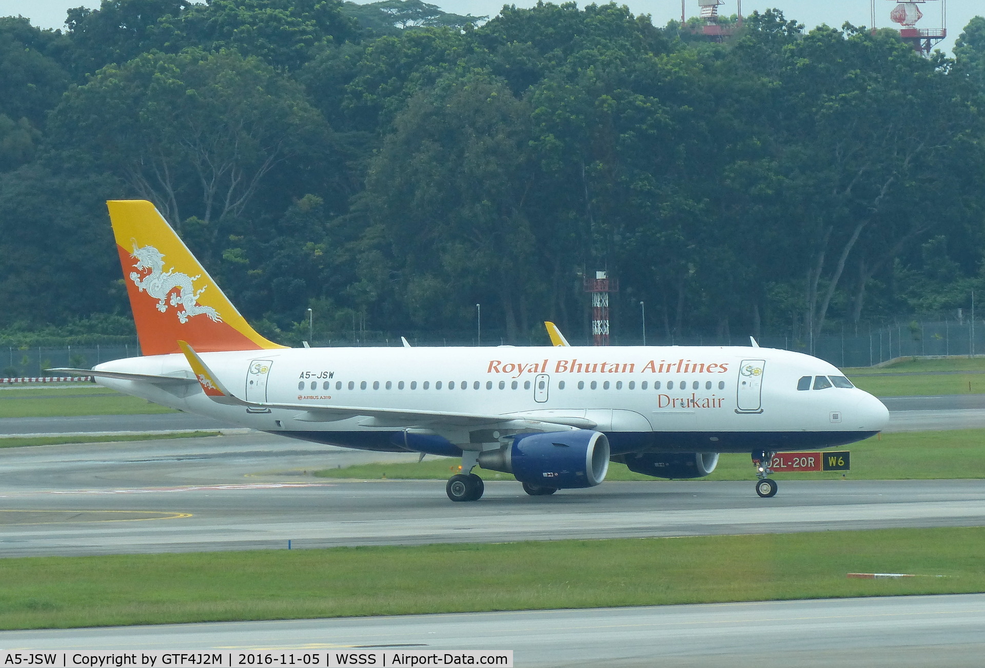 A5-JSW, 2015 Airbus A319-115 C/N 6496, A5-JSW  Royal Bhutan AL at Singapore 5.11.16