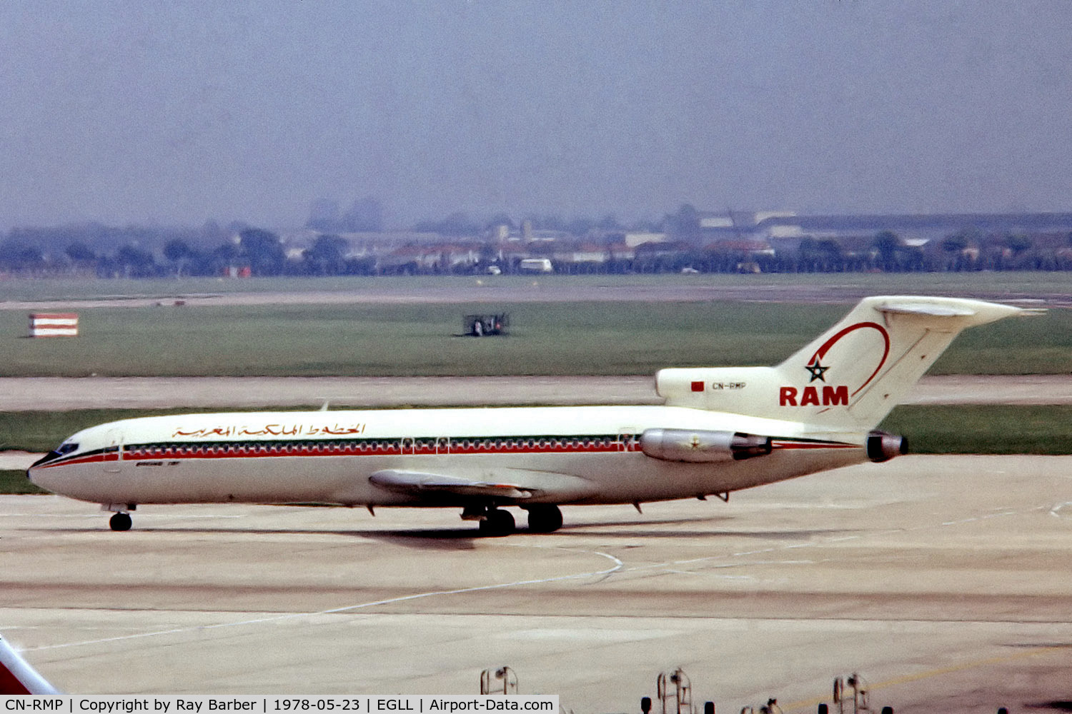 CN-RMP, 1977 Boeing 727-2B6 C/N 21298, Boeing 727-2B6 [21298] (Royal Air Maroc) Heathrow~G 23/05/1978. From a slide.